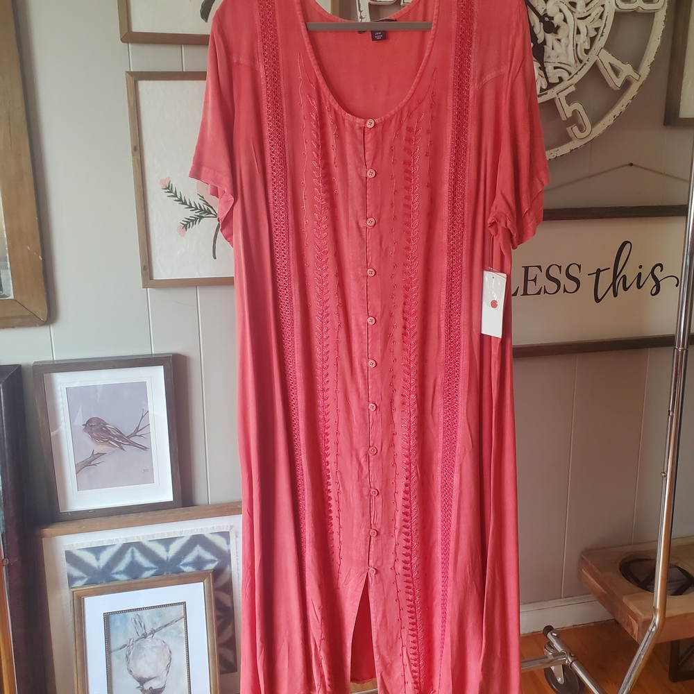 Roaman's Coral Button-Front Midi Dress